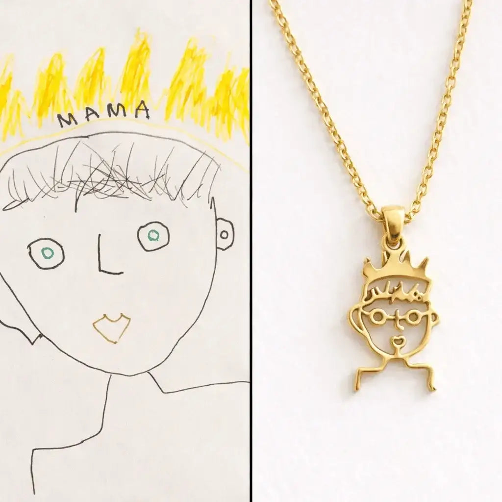 Collier personnalisé doré inspiré d’un dessin d’enfant visage avec couronne jaune