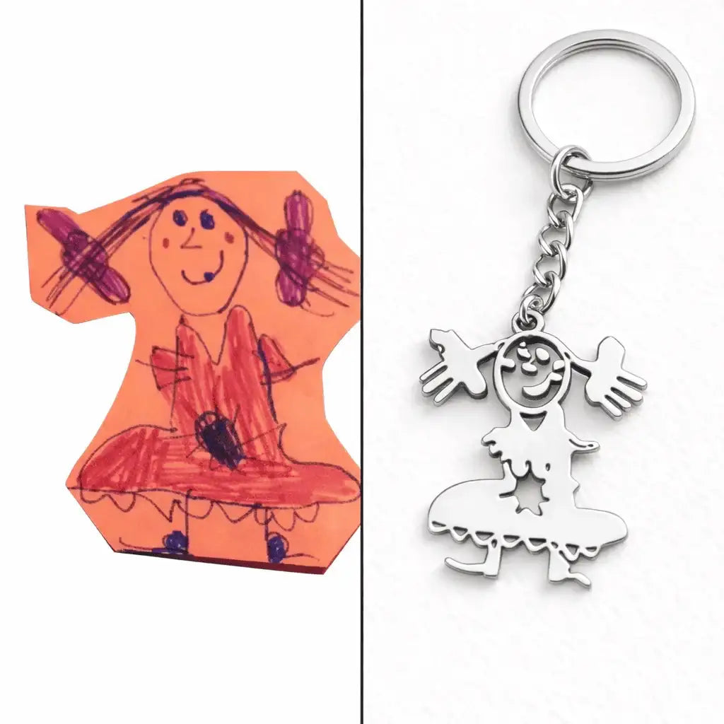 Porte-clés en acier inoxydable personnalisé d’après un dessin d’enfant coloré de fillette.